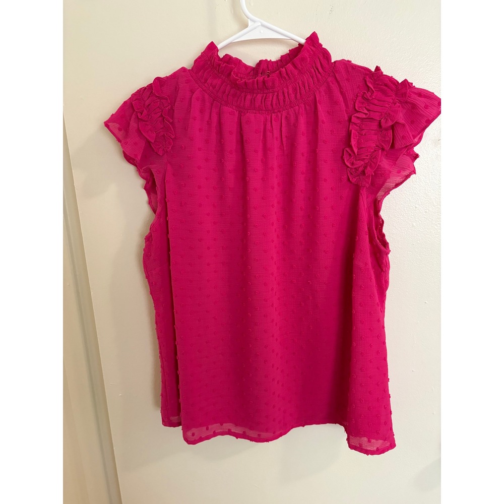CeCe Magenta Pink Clip Dot Ruffle Smocked Neck Blouse Top Large C608